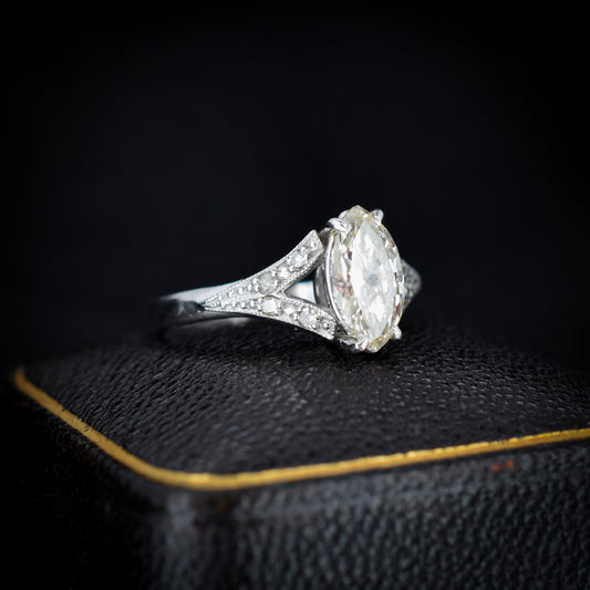 Vintage 0.80ct Marquise Diamond Solitaire Platinum Engagement Ring | Certified