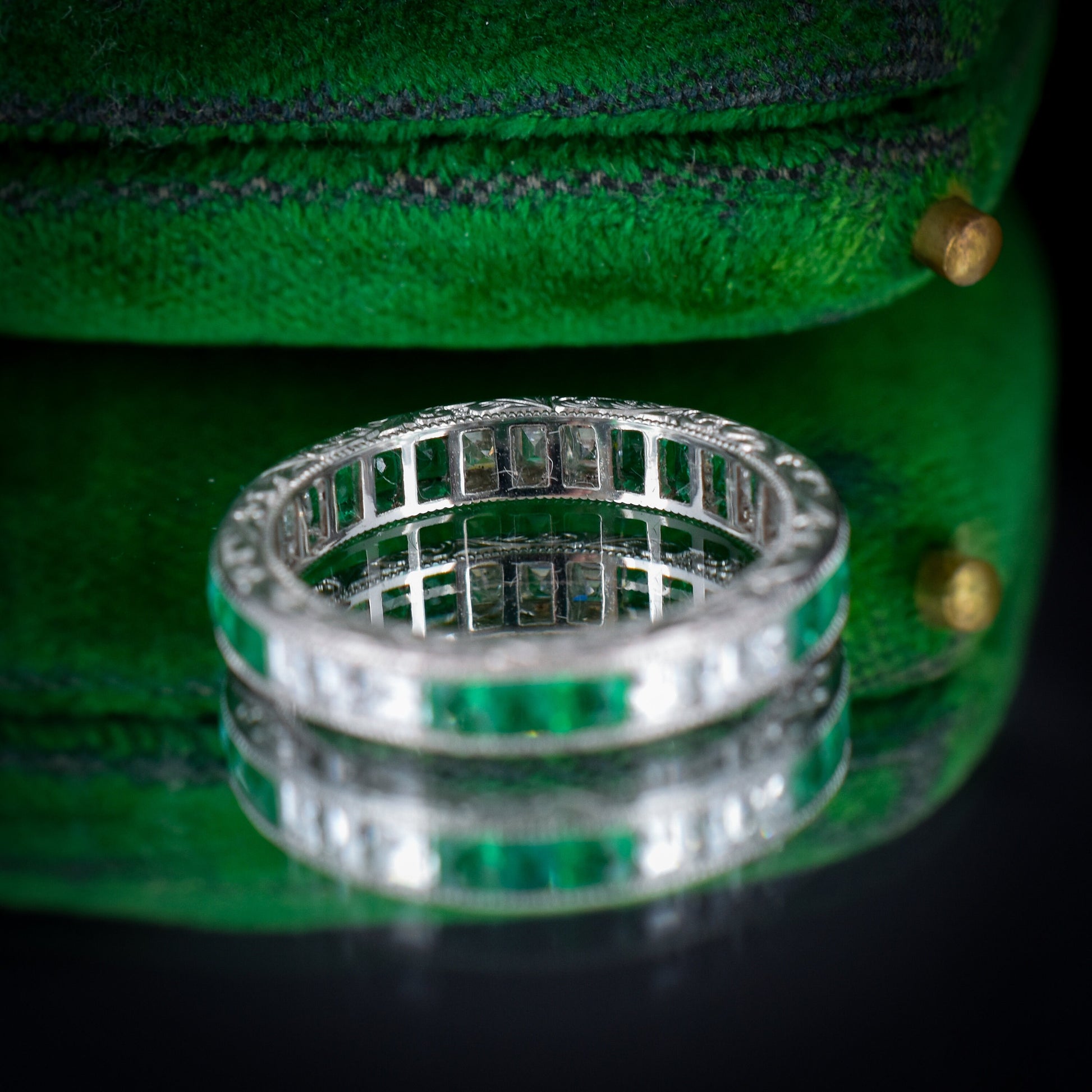 Art Deco Style Diamond and Emerald Platinum Full Eternity Wedding Band Ring