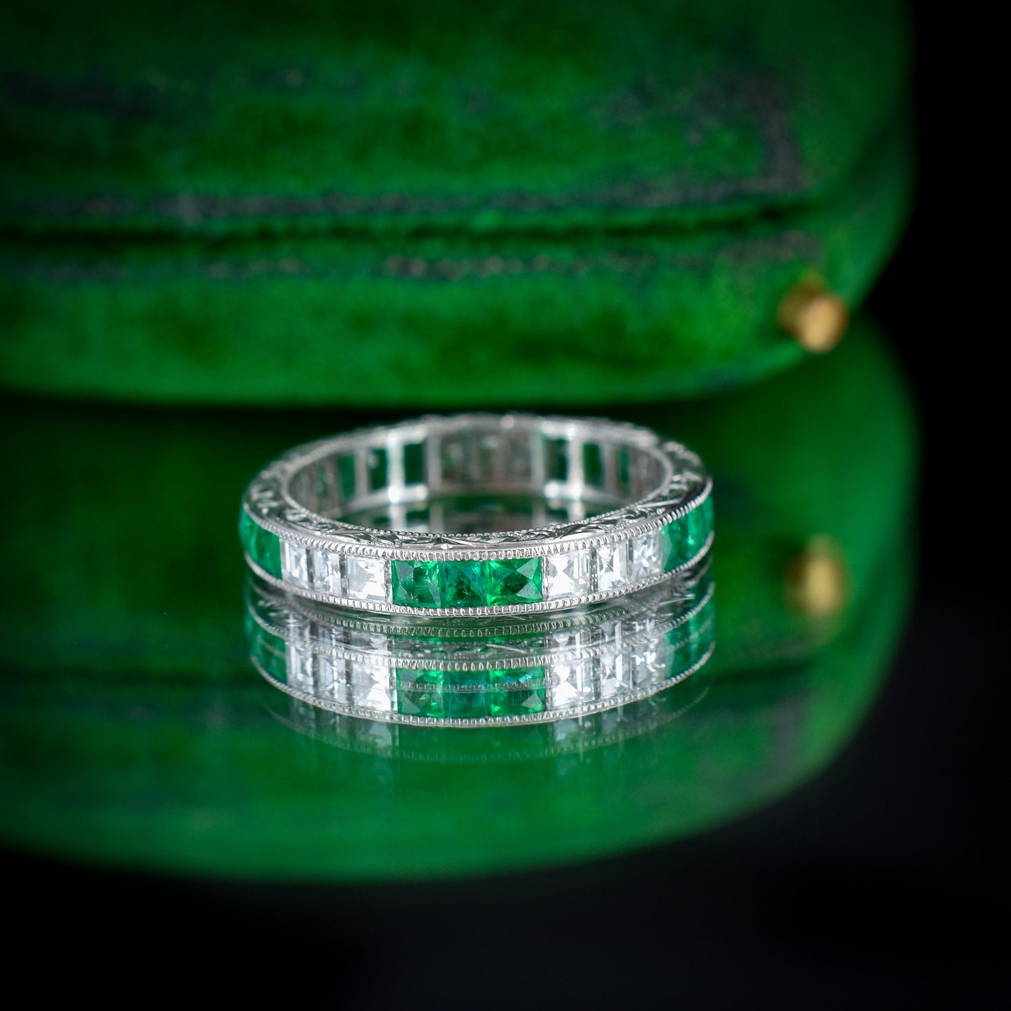 Art Deco Style Diamond and Emerald Platinum Full Eternity Wedding Band Ring