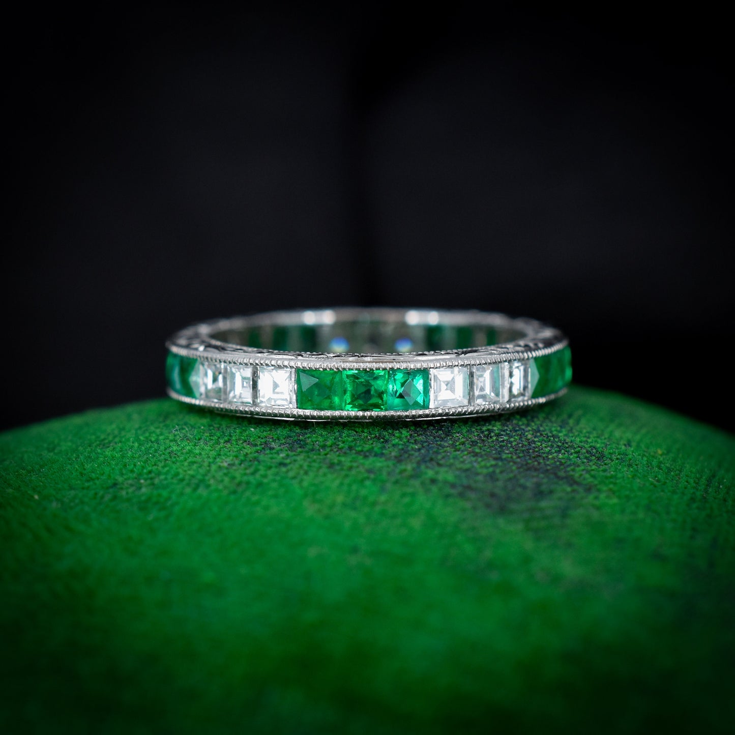 Art Deco Style Diamond and Emerald Platinum Full Eternity Wedding Band Ring