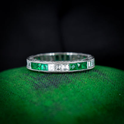 Art Deco Style Diamond and Emerald Platinum Full Eternity Wedding Band Ring