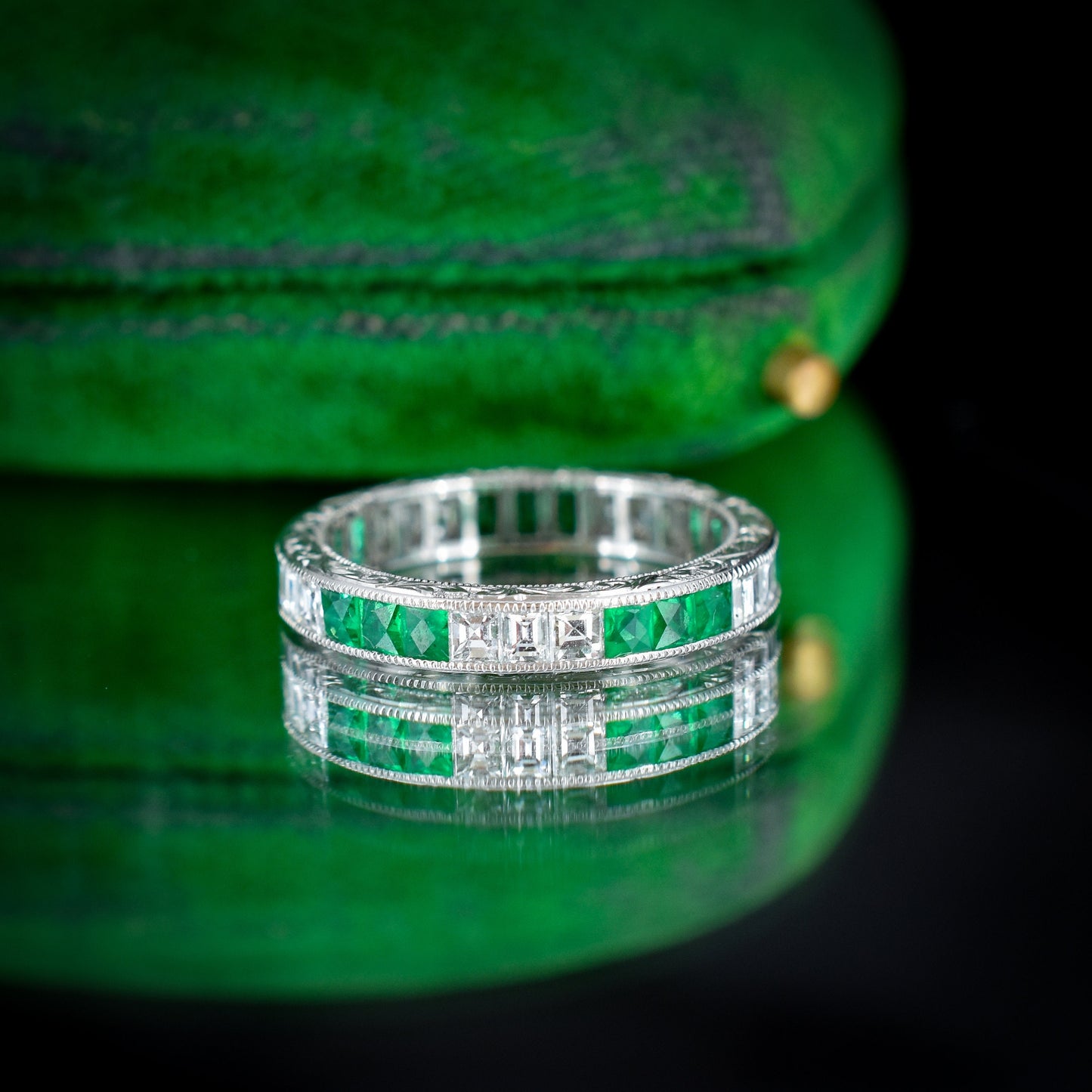 Art Deco Style Diamond and Emerald Platinum Full Eternity Wedding Band Ring