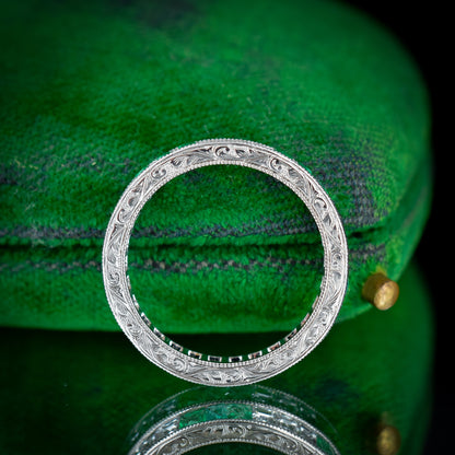 Art Deco Style Diamond and Emerald Platinum Full Eternity Wedding Band Ring