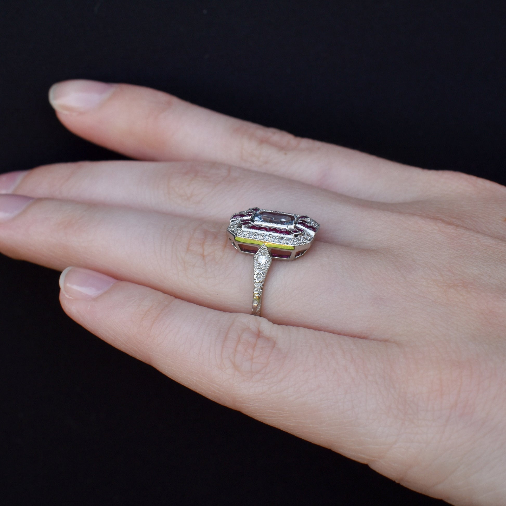 Art Deco Style Light Blue Sapphire Ruby and Diamond Platinum Cocktail Ring