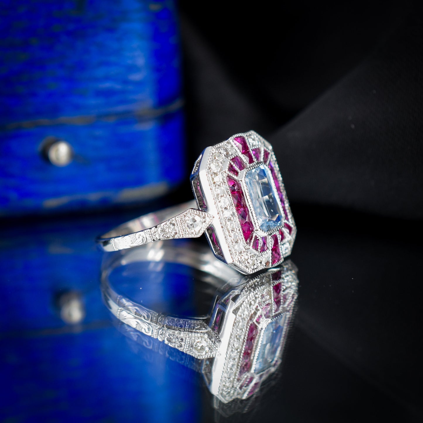 Art Deco Style Light Blue Sapphire Ruby and Diamond Platinum Cocktail Ring