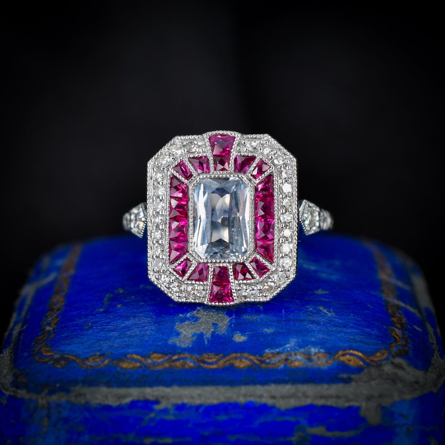 Art Deco Style Light Blue Sapphire Ruby and Diamond Platinum Cocktail Ring