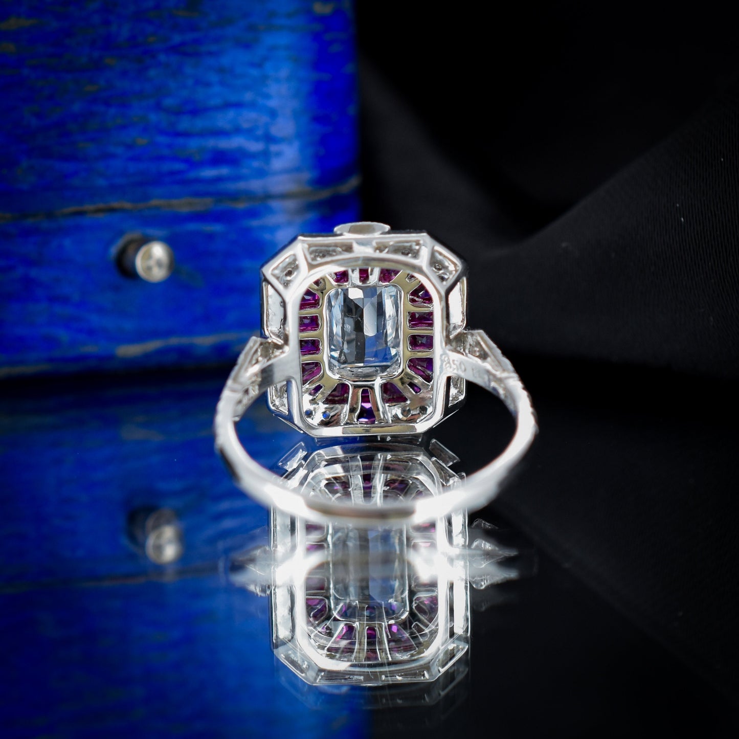 Art Deco Style Light Blue Sapphire Ruby and Diamond Platinum Cocktail Ring