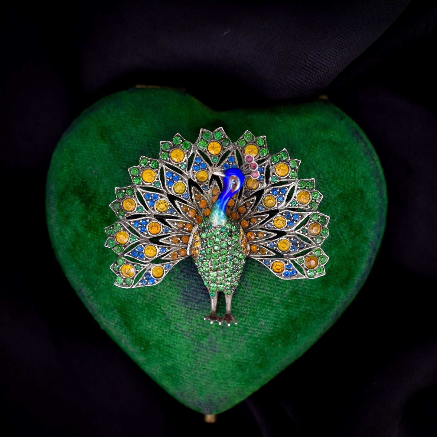 Antique Peacock Multi-colour Paste and Enamel Silver Brooch Pin