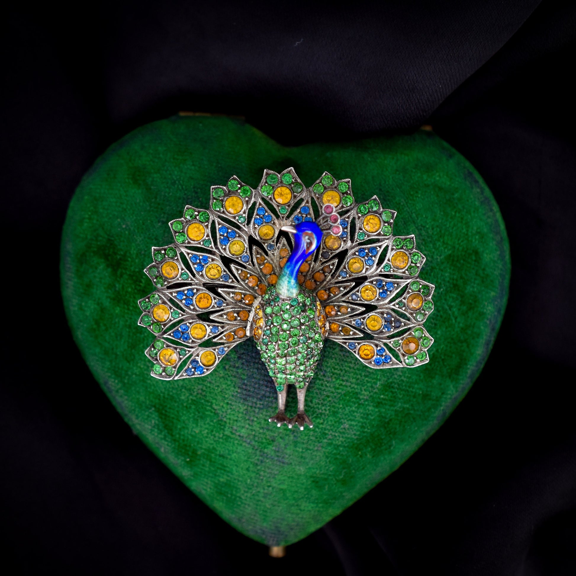 Antique Peacock Multi-colour Paste and Enamel Silver Brooch Pin