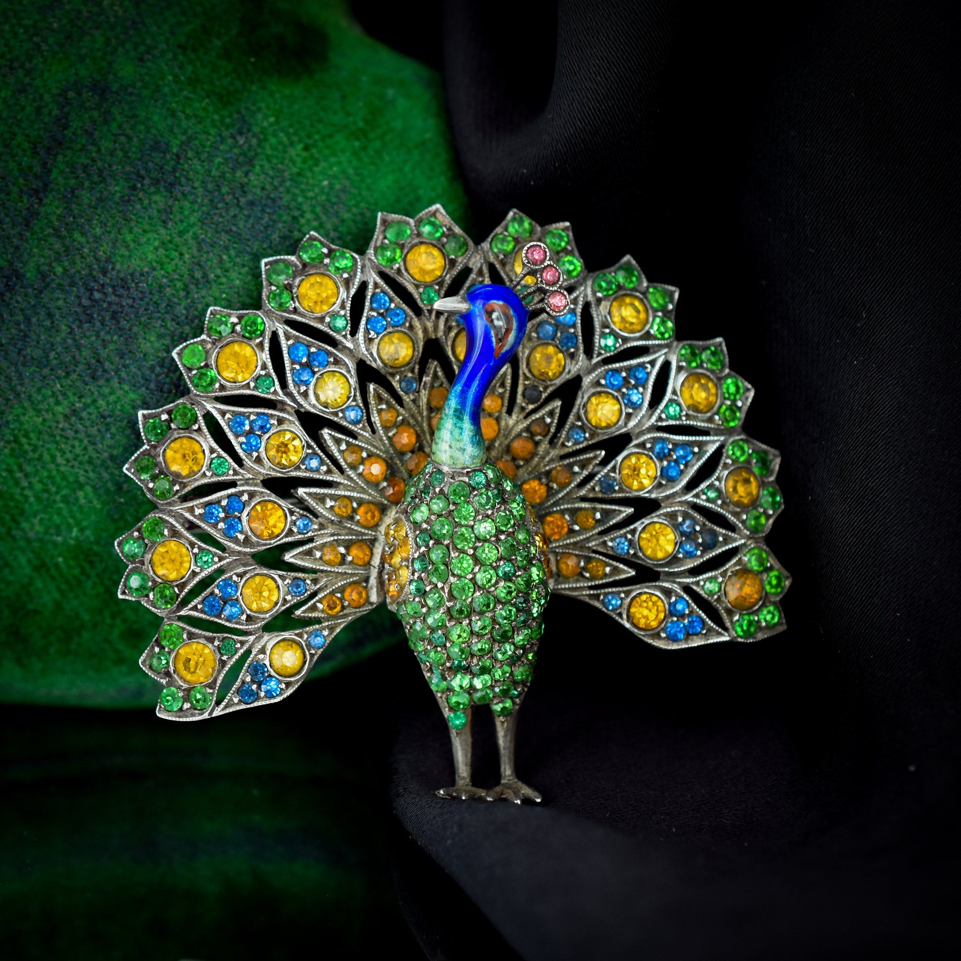 Antique Peacock Multi-colour Paste and Enamel Silver Brooch Pin