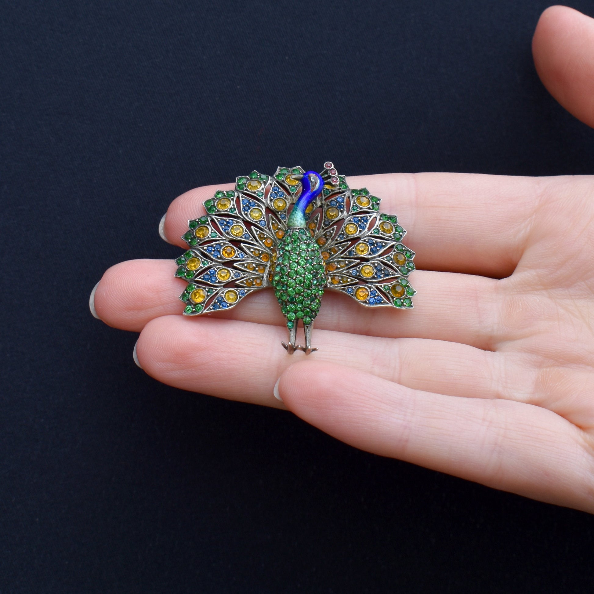 Antique Peacock Multi-colour Paste and Enamel Silver Brooch Pin