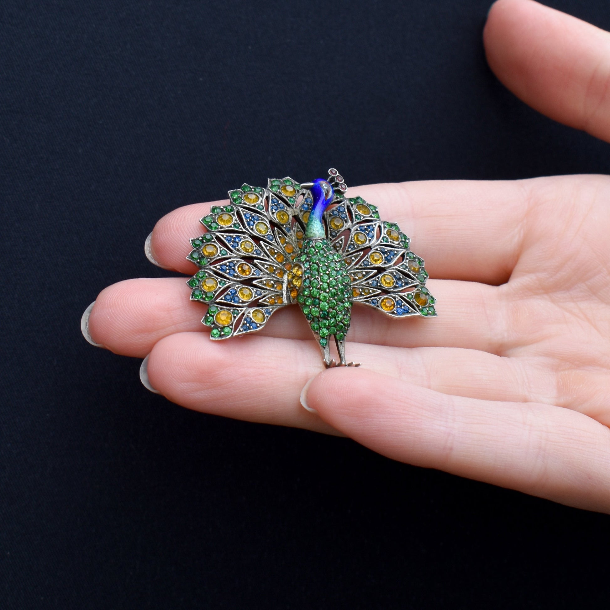 Antique Peacock Multi-colour Paste and Enamel Silver Brooch Pin