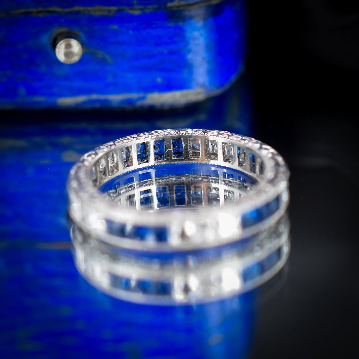 Art Deco Style Diamond and Sapphire Platinum Full Eternity Wedding Band Ring