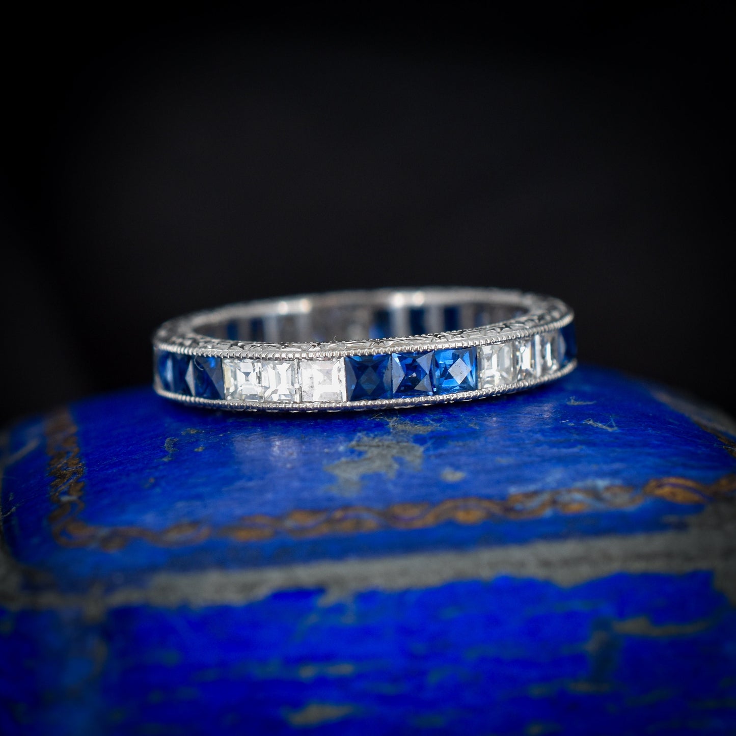 Art Deco Style Diamond and Sapphire Platinum Full Eternity Wedding Band Ring