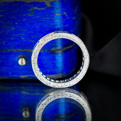 Art Deco Style Diamond and Sapphire Platinum Full Eternity Wedding Band Ring