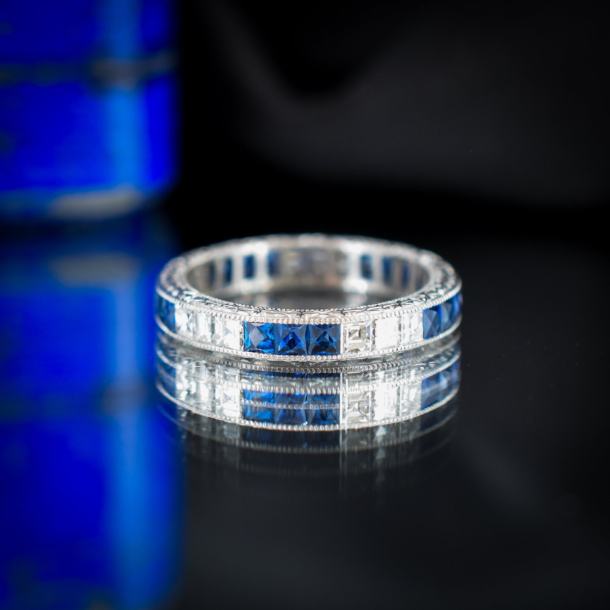 Art Deco Style Diamond and Sapphire Platinum Full Eternity Wedding Band Ring