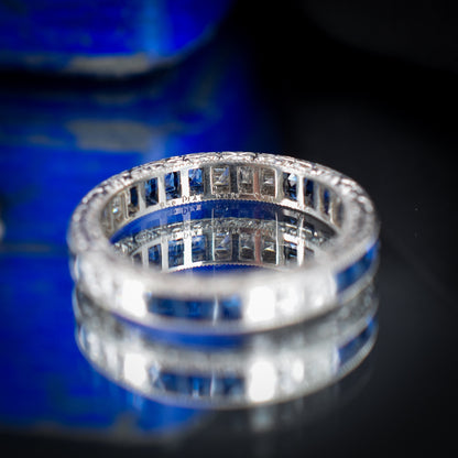 Art Deco Style Diamond and Sapphire Platinum Full Eternity Wedding Band Ring