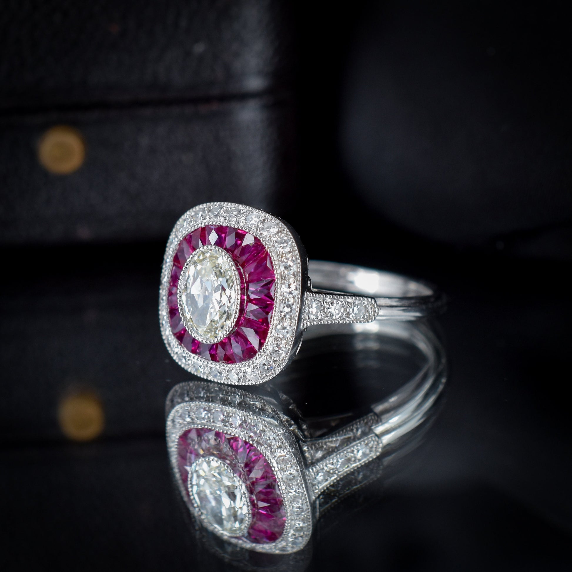 Art Deco Style Old Cut Diamond and Ruby Halo Platinum Ring Certified