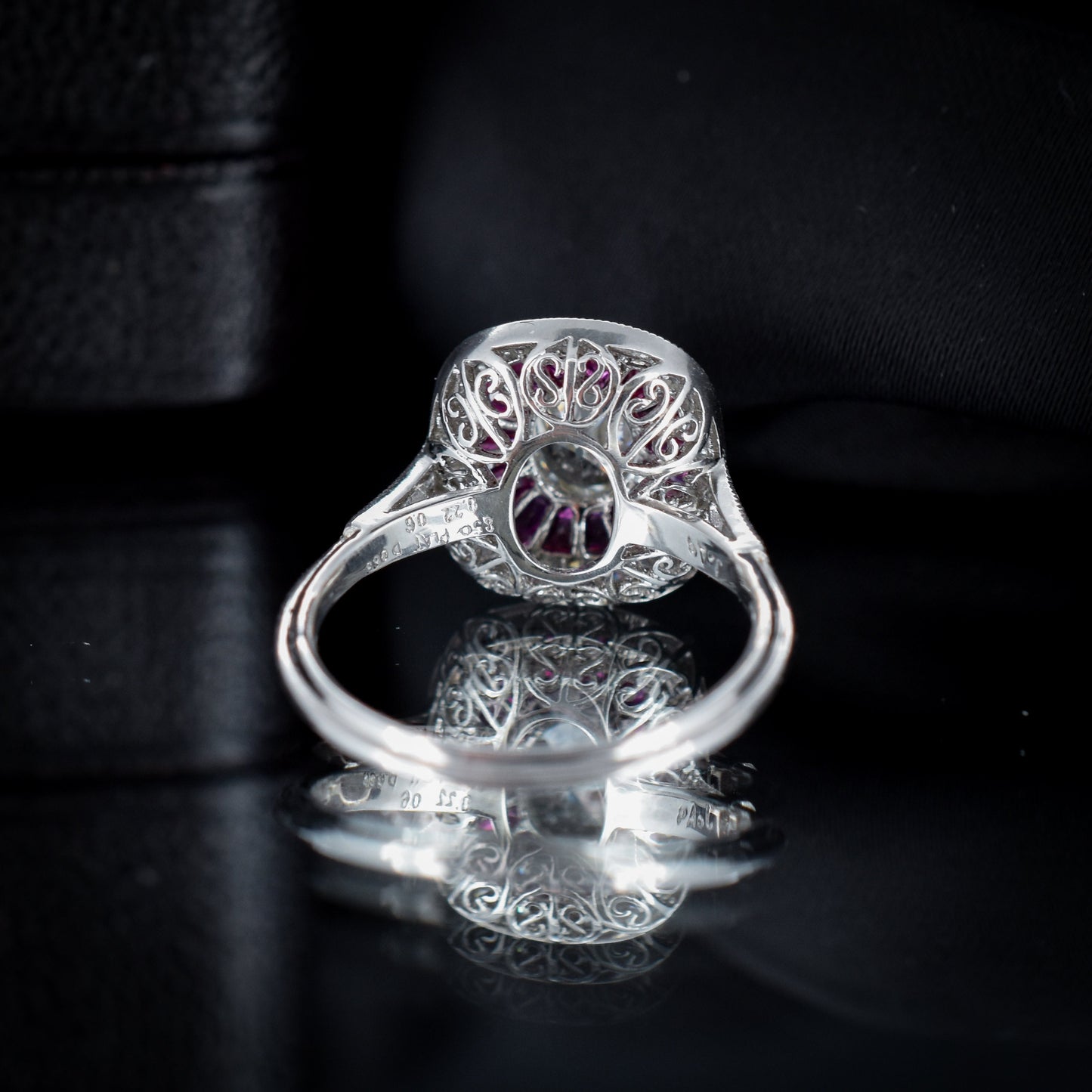 Art Deco Style Old Cut Diamond and Ruby Halo Platinum Ring Certified