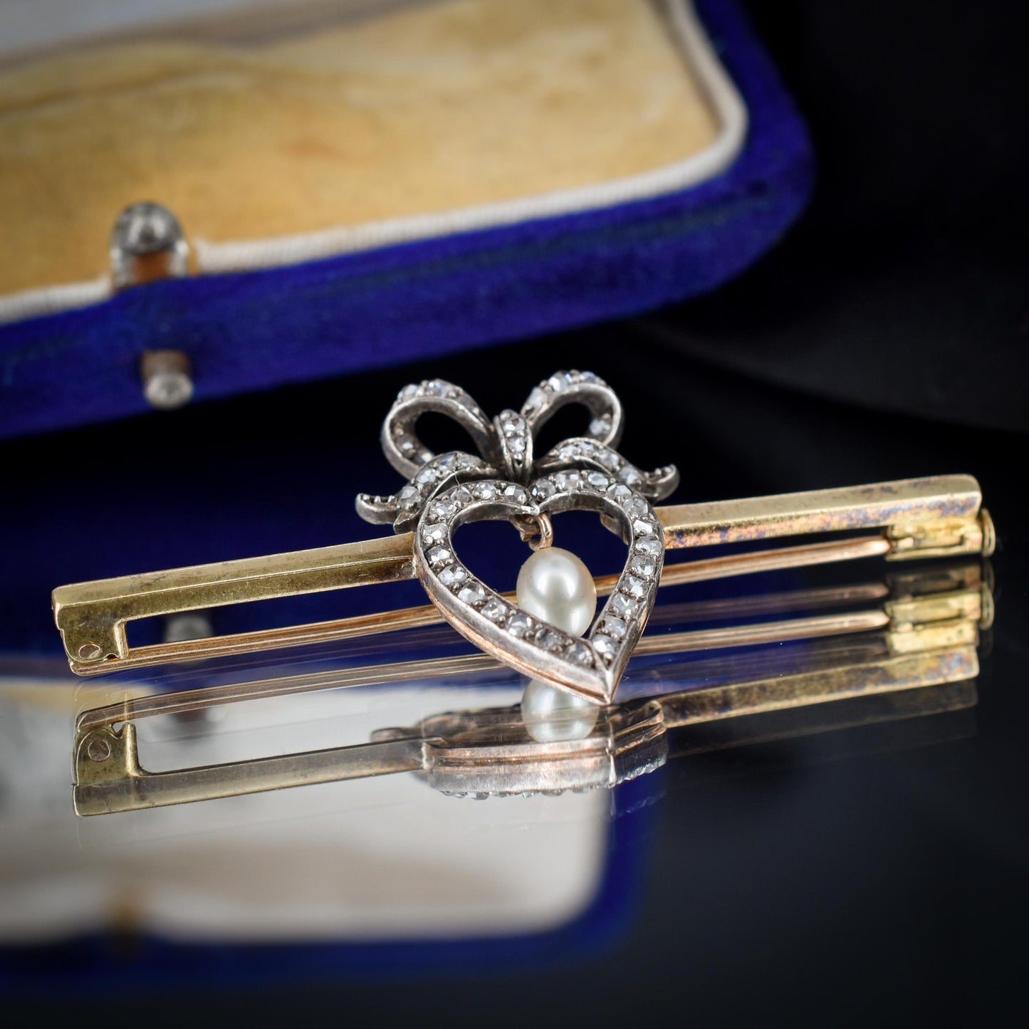 Antique 15ct Gold Diamond Heart Pearl Gold Bar Brooch Pin - Boxed