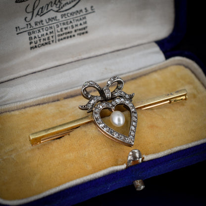 Antique 15ct Gold Diamond Heart Pearl Gold Bar Brooch Pin - Boxed