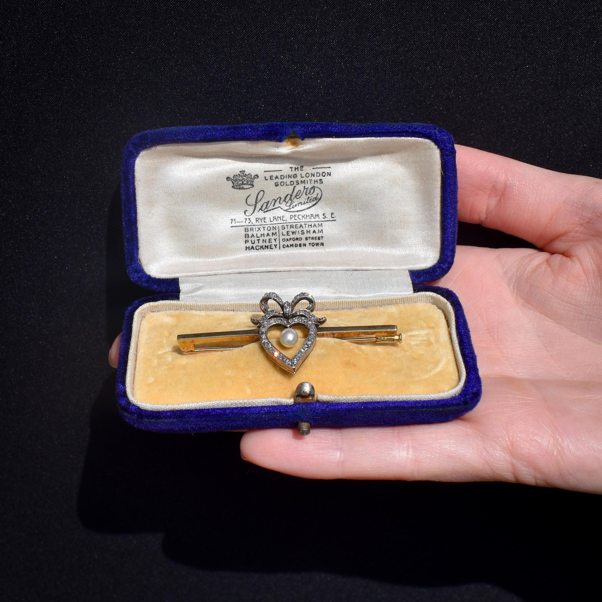 Antique 15ct Gold Diamond Heart Pearl Gold Bar Brooch Pin - Boxed