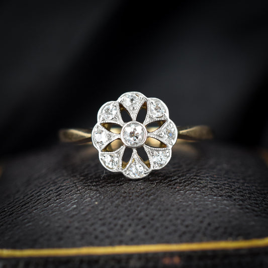 Antique Diamond Cluster Daisy Gold and Platinum Ring | Edwardian