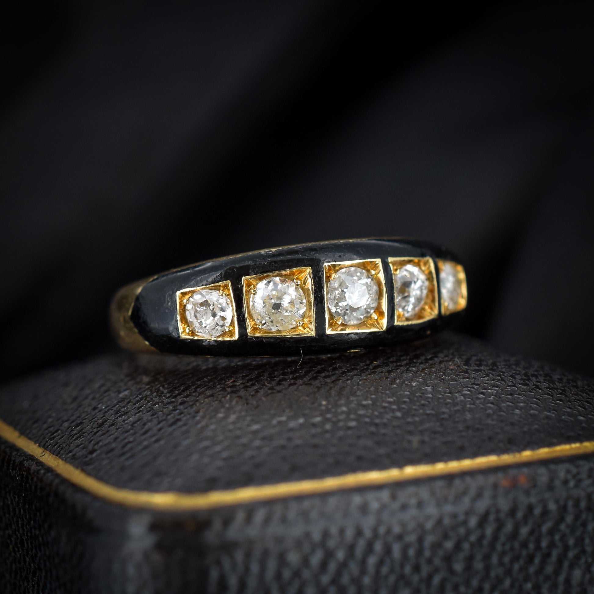 Antique Victorian Black Enamel Diamond Five Stone 18ct Yellow Gold Mourning Ring - Dated 1856