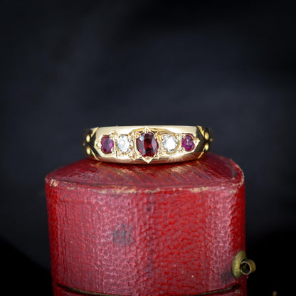 Antique Ruby Garnet and Diamond 18ct Gold Band Ring