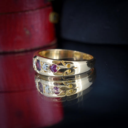 Antique Ruby Garnet and Diamond 18ct Gold Band Ring