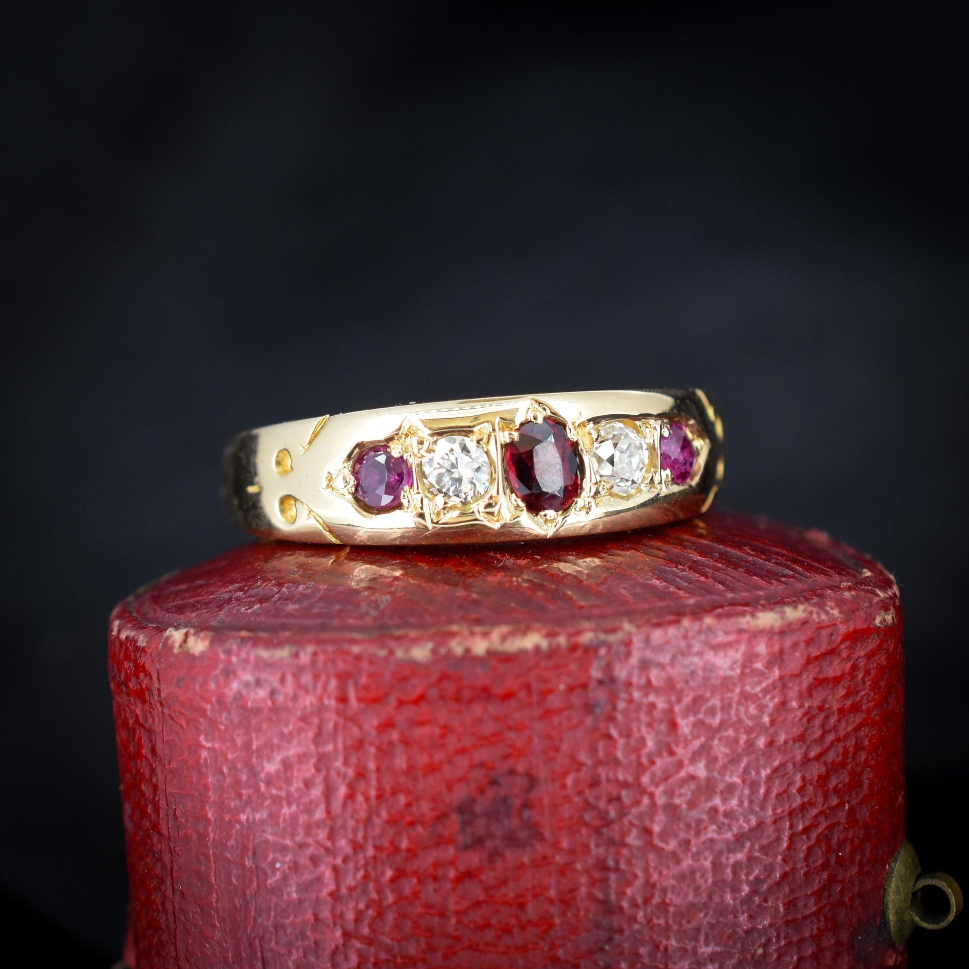 Antique Ruby Garnet and Diamond 18ct Gold Band Ring