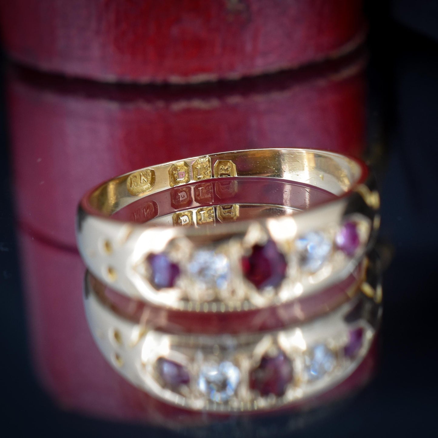 Antique Ruby Garnet and Diamond 18ct Gold Band Ring