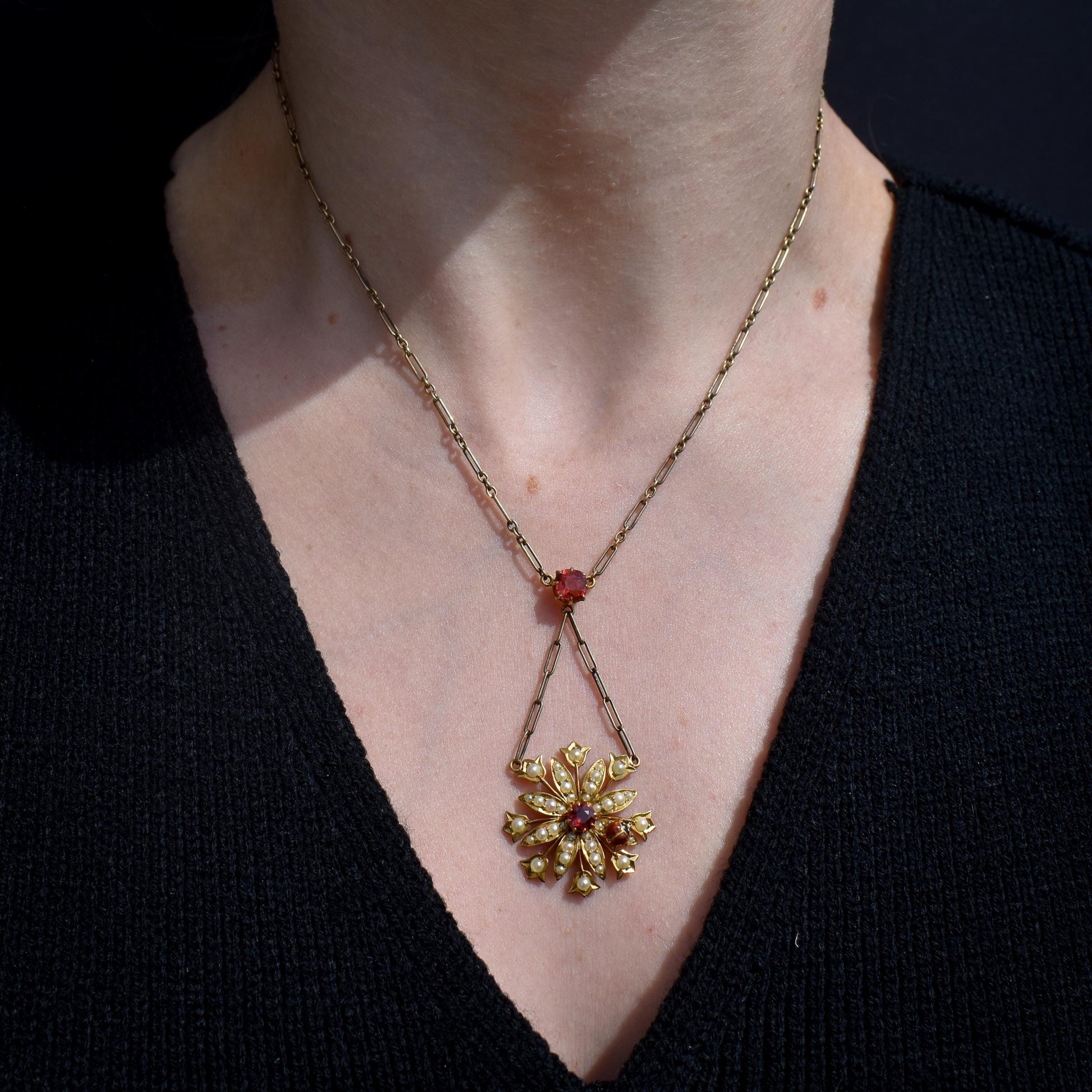 Antique Ladybug Pearl Spinel and Garnet Enamel Flower Pendant 15ct Gold Necklace