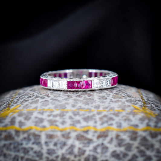 Art Deco Style Diamond and Ruby Platinum Full Eternity Wedding Band Ring