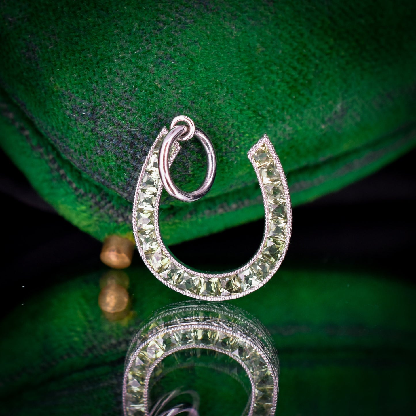 French Cut Green Sapphire Horseshoe Platinum Charm Pendant - 0.55ct