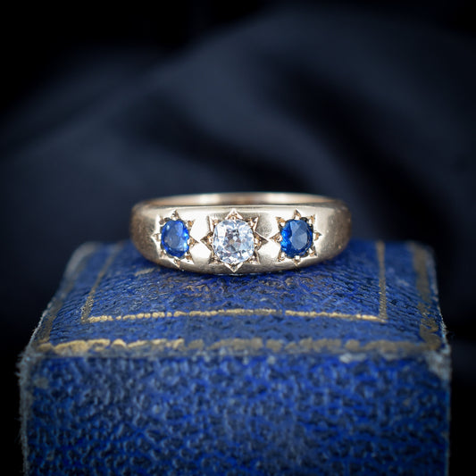 Antique Old Cut Diamond and Sapphire Three Stone Gypsy Starburst 18ct Gold Ring Band