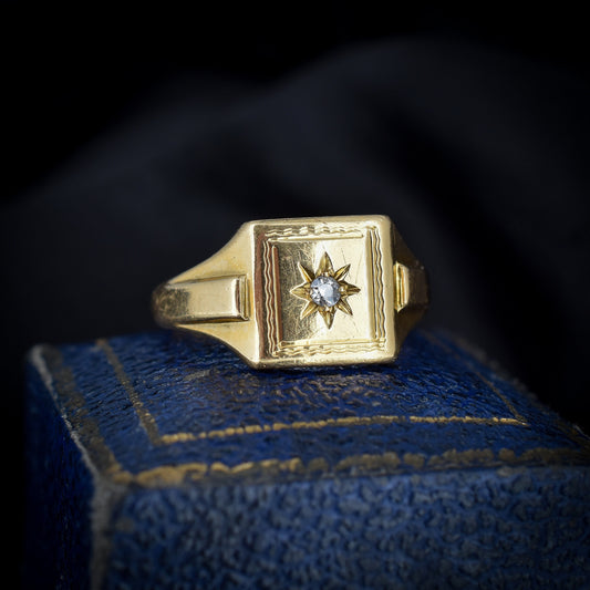 Vintage Diamond Square 18ct Yellow Gold Signet Ring | Dated 1940