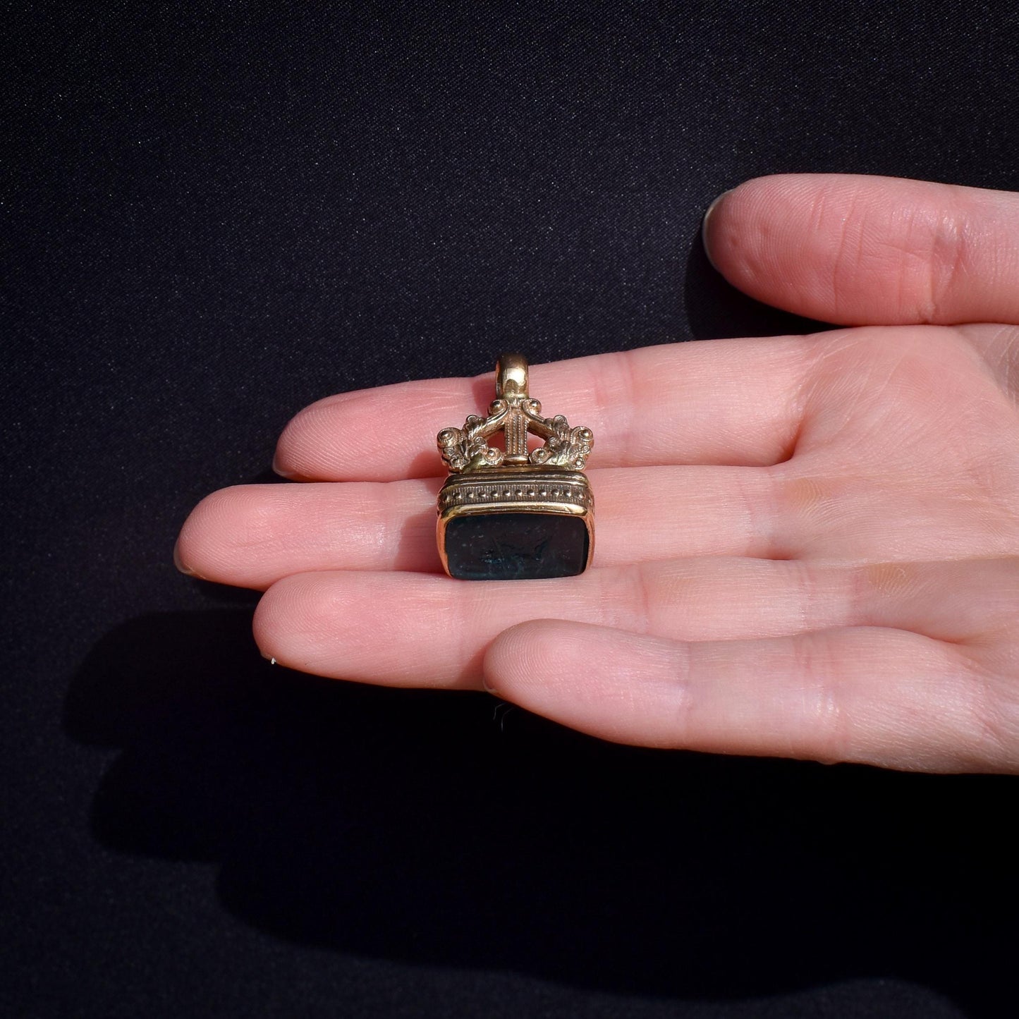 Antique Blindfolded Man Intaglio Gold Ornate Fob Seal Pendant