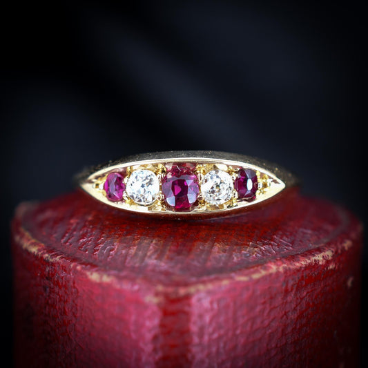 Antique Ruby and Diamond 18ct Yellow Gold Boat Ring | Birmingham 1891