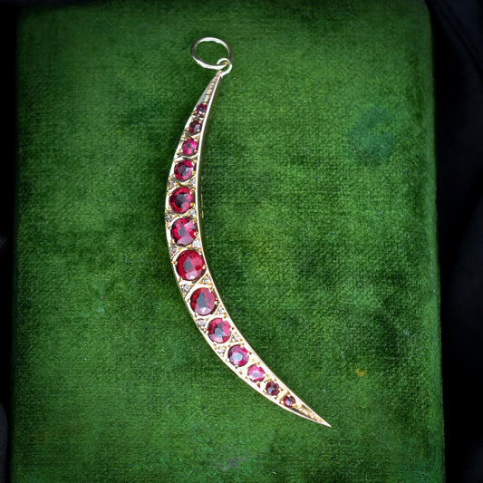 Antique Ruby Paste and Diamond 9ct Gold Crescent Moon Celestial Pendant