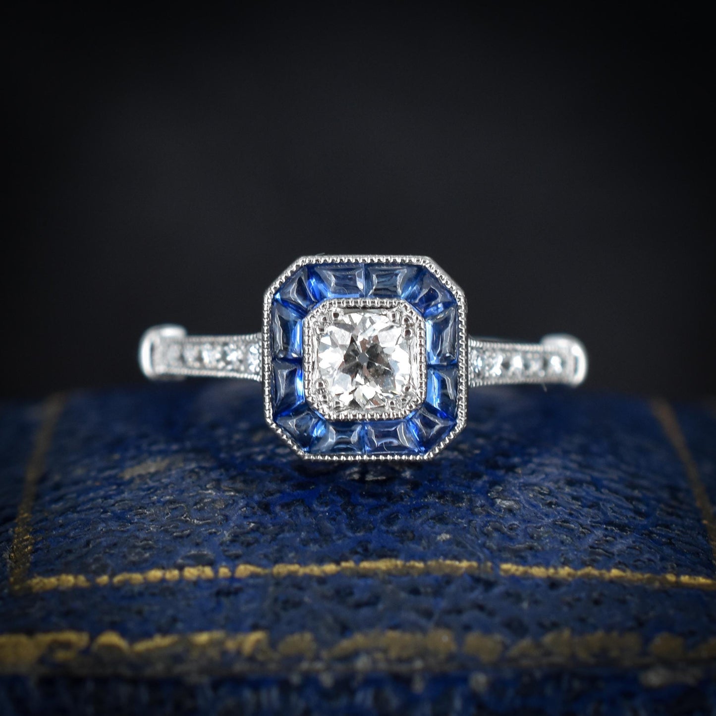 Sapphire and Old Cut Diamond Cluster Halo Platinum Ring | Engagement | Art Deco Style