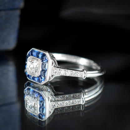 Sapphire and Old Cut Diamond Cluster Halo Platinum Ring | Engagement | Art Deco Style