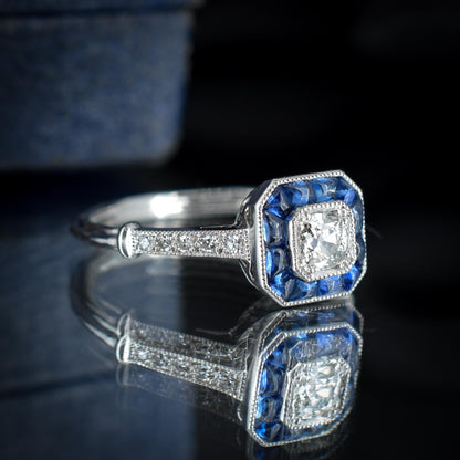 Sapphire and Old Cut Diamond Cluster Halo Platinum Ring | Engagement | Art Deco Style