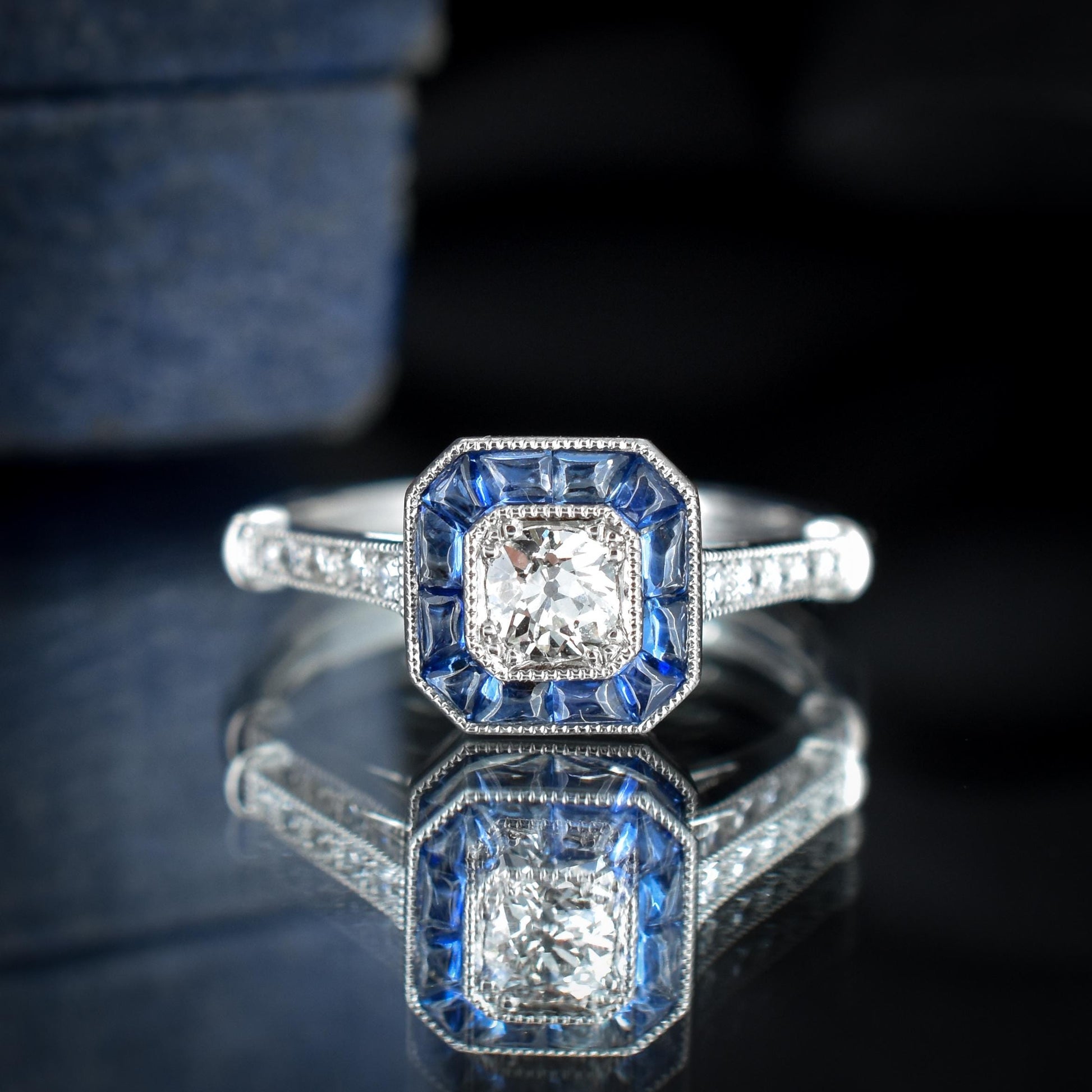 Sapphire and Old Cut Diamond Cluster Halo Platinum Ring | Engagement | Art Deco Style