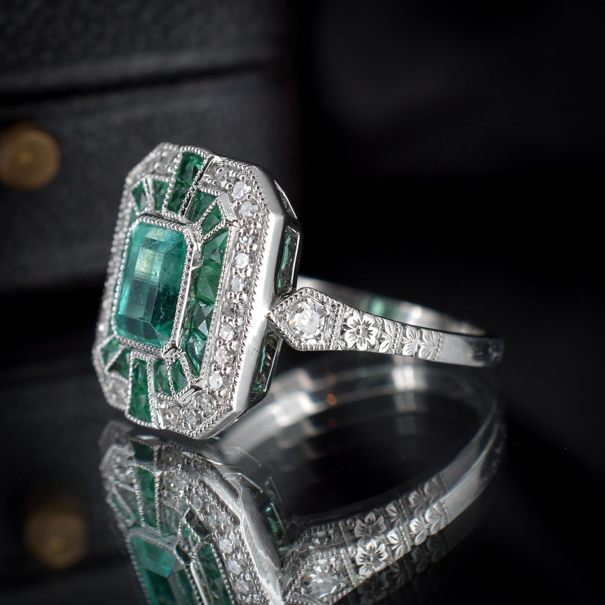 Art Deco Style Natural Colombian Emerald and Diamond Platinum Cocktail Ring | Certified