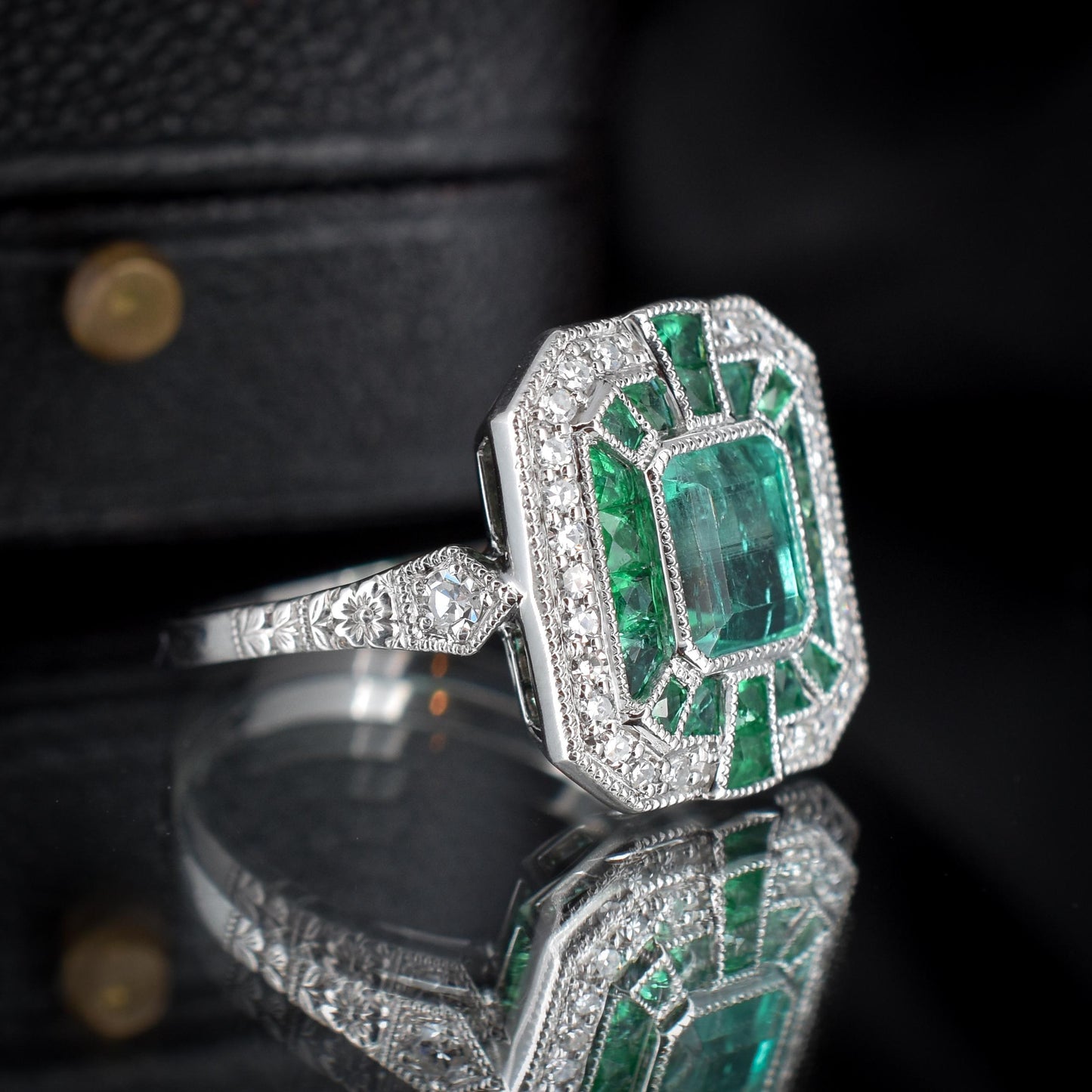 Art Deco Style Natural Colombian Emerald and Diamond Platinum Cocktail Ring | Certified