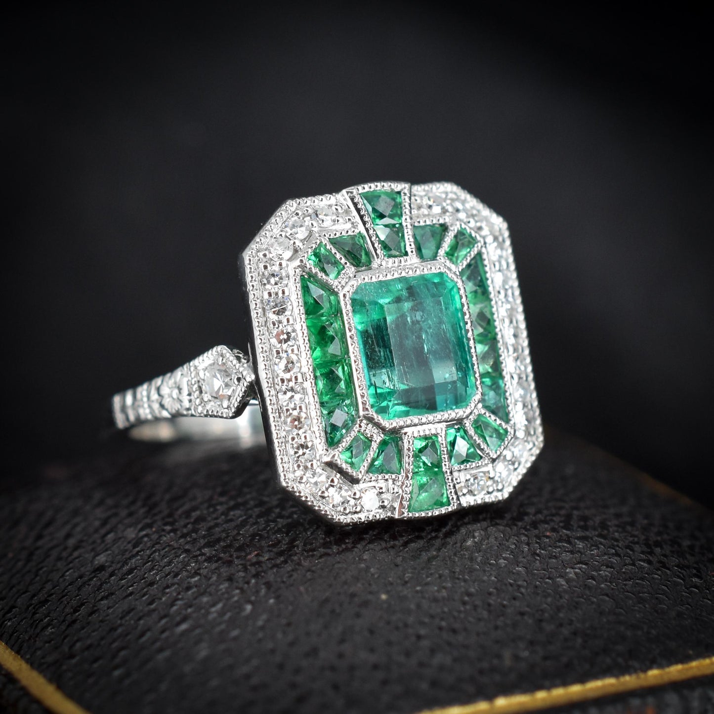 Art Deco Style Natural Colombian Emerald and Diamond Platinum Cocktail Ring | Certified