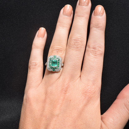 Art Deco Style Natural Colombian Emerald and Diamond Platinum Cocktail Ring | Certified