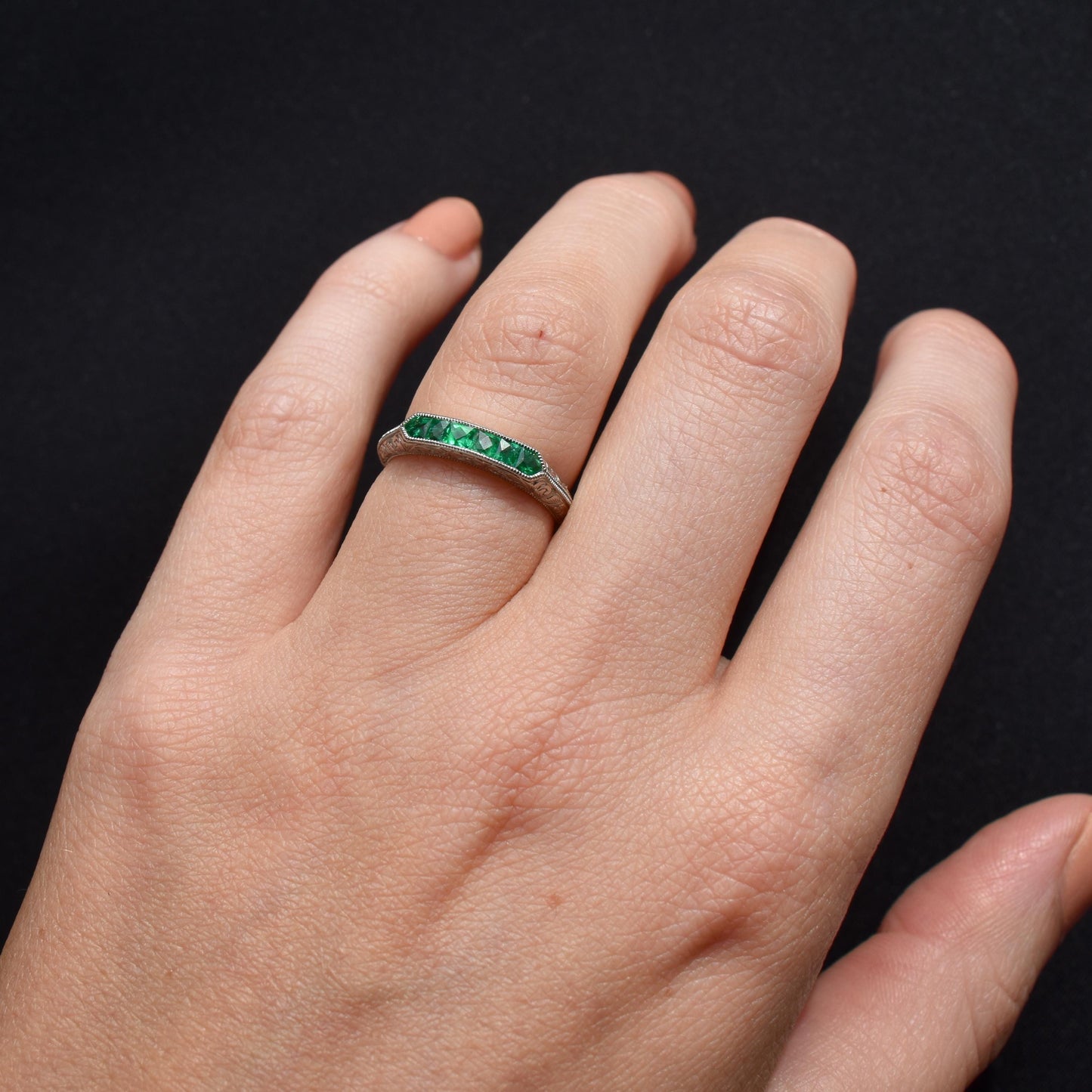 Art Deco Style Colombian Emerald Platinum Stacking Engraved Band Ring