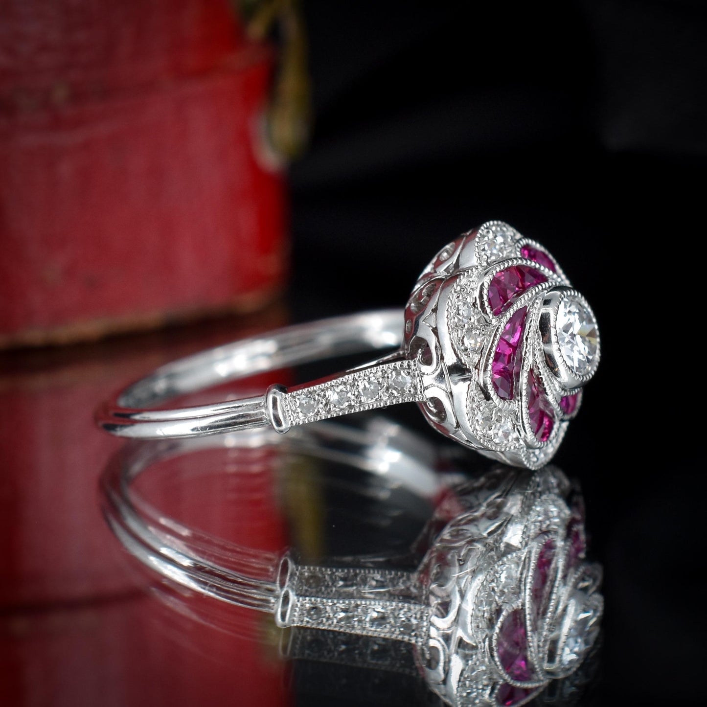 Art Deco Style Ruby and Old Cut Diamond Flower Cluster Platinum Ring